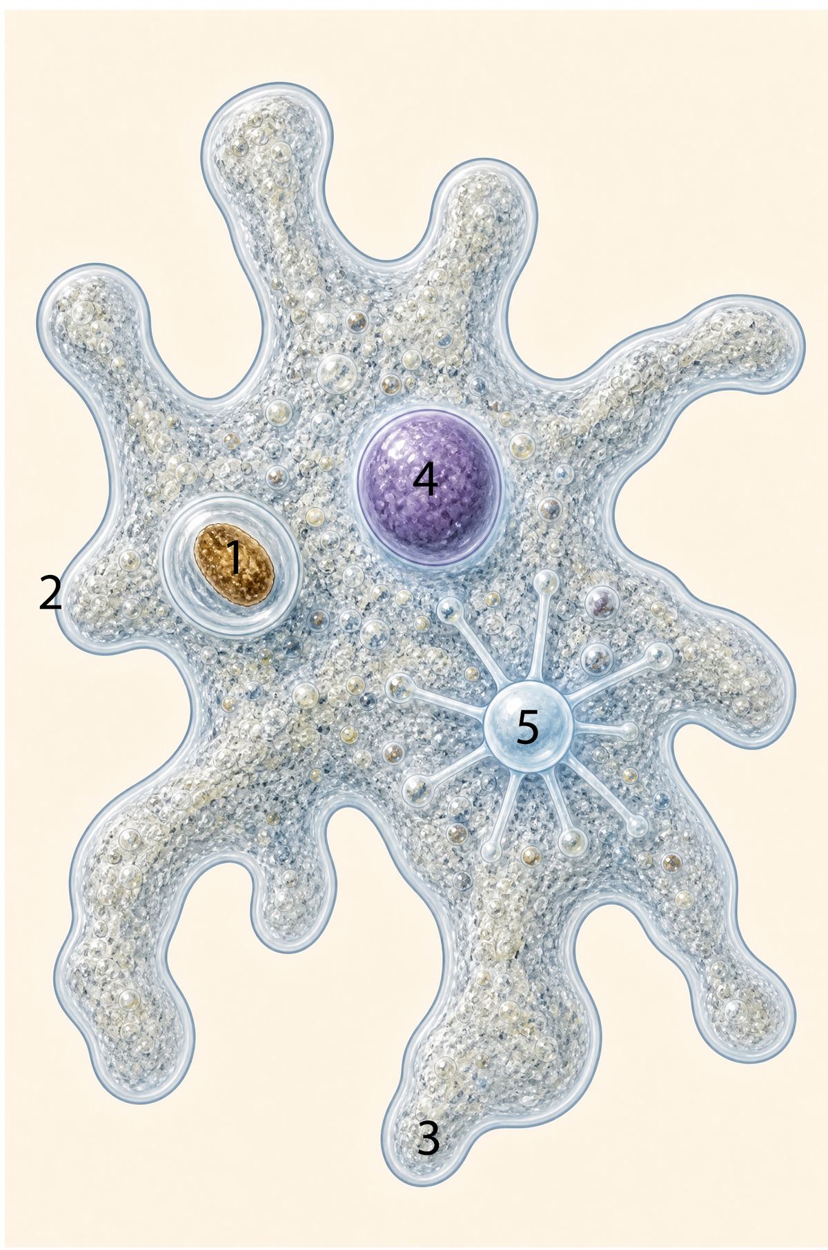 Labeled illustration of an Amoeba showing pseudopods, contractile vacuole, and food vacuoles.