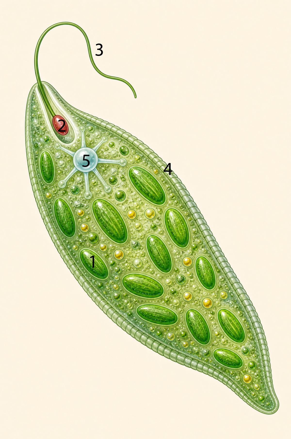 Labeled illustration of a Euglena showing flagellum, eyespot, and chloroplasts.