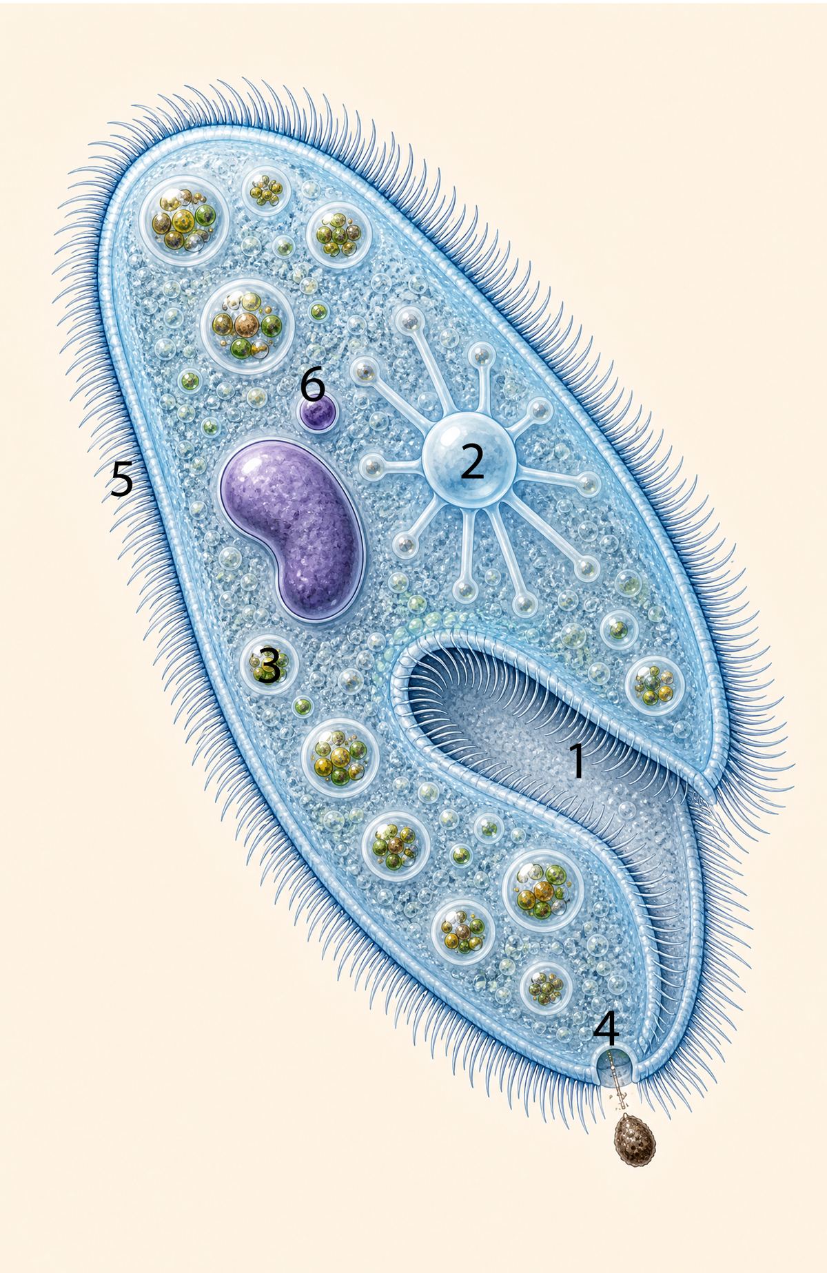 Labeled illustration of a Paramecium showing cilia, oral groove, contractile vacuole, food vacuoles, and macronucleus.