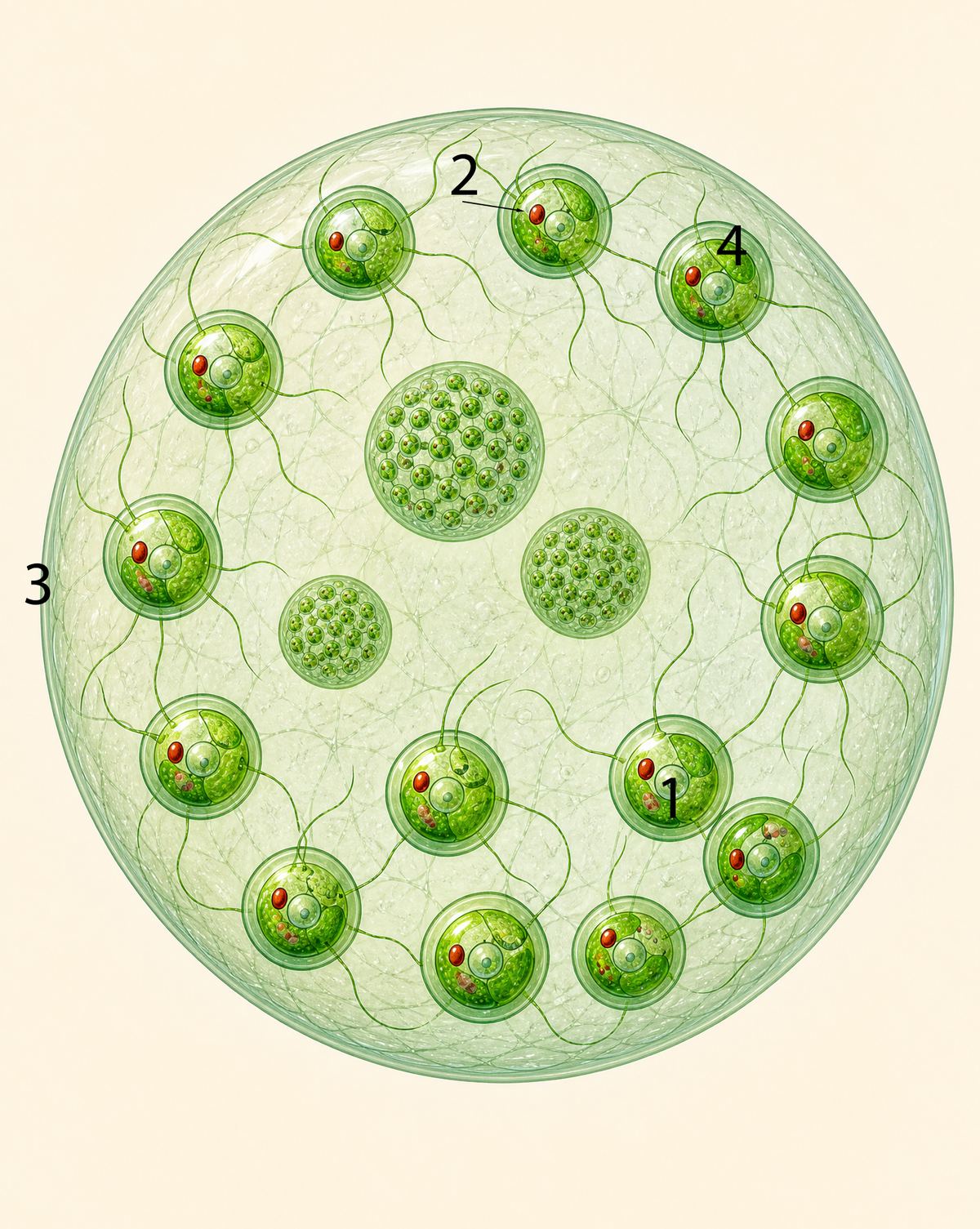 Labeled illustration of a Volvox colony showing hundreds of flagellated cells and a daughter colony.