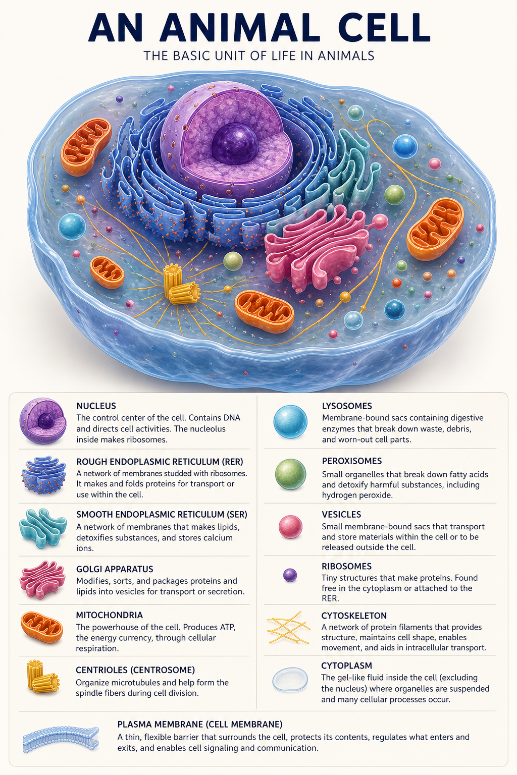 Schematic of an animal cell with all major organelles labeled. The cell is an irregular rounded blob bounded by a thin plasma membrane. Inside, the nucleus contains a darker nucleolus. The rough endoplasmic reticulum appears as folded blue membranes studded with red ribosome dots near the nucleus. The smooth endoplasmic reticulum appears as smooth teal tubules without dots. The Golgi apparatus is a stack of pink curved sacs. Two orange mitochondria with internal folds, a blue lysosome, a green peroxisome, several pink vesicles, a yellow centrosome with two perpendicular centrioles, and a network of yellow cytoskeleton lines are visible.