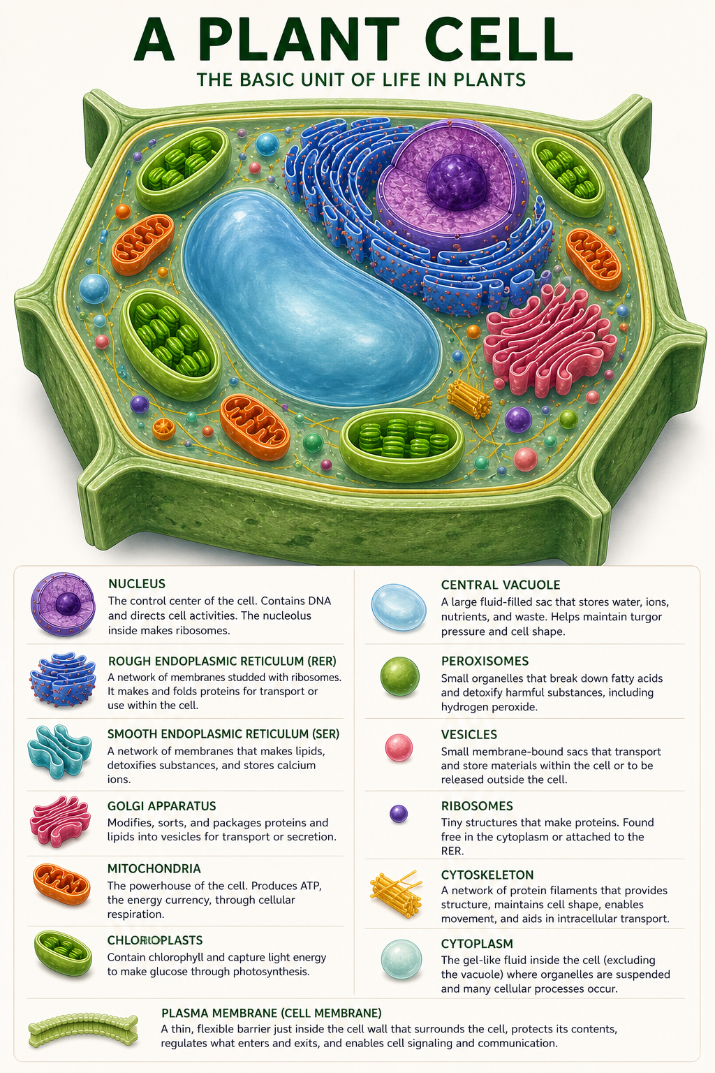 Schematic of a plant cell with all major organelles labeled. The cell is rectangular with rounded corners. The outermost layer is a thick green cell wall, and just inside it is a thinner plasma membrane. A very large blue central vacuole occupies most of the interior, pressing the cytoplasm into a thin layer along the edges. The nucleus sits in the upper-left cytoplasm. Three green chloroplasts with internal stacks of disc-shaped grana appear at different points along the cytoplasm. Two orange mitochondria with internal folds are present. The rough endoplasmic reticulum is shown as folded blue membranes with red ribosome dots near the nucleus. The smooth endoplasmic reticulum is teal tubules without dots. The Golgi apparatus is a stack of pink curved sacs. Several small vesicles and a green peroxisome are scattered in the cytoplasm.